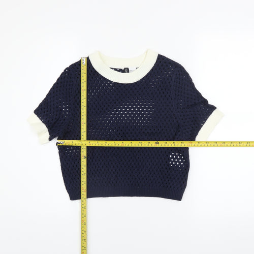 H&M Divided Women's Blue Crochet Knit Cropped Short Sleeve Top Size S
