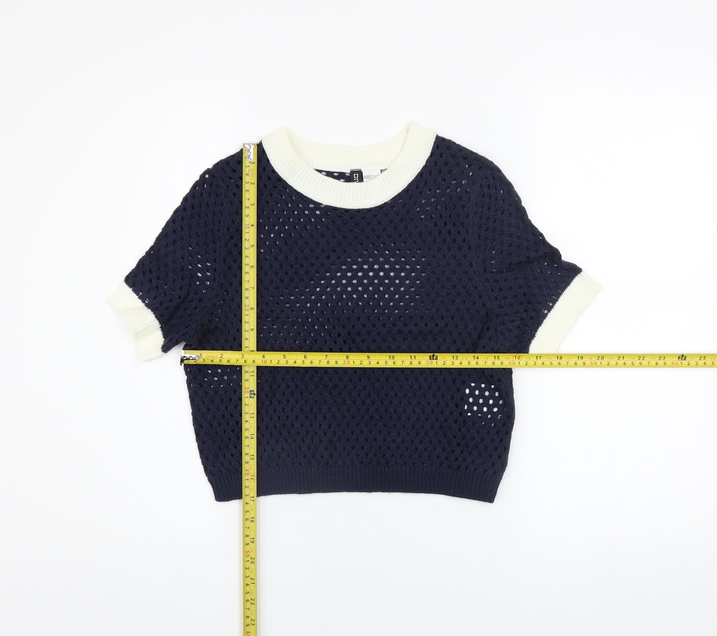 H&M Divided Women's Blue Crochet Knit Cropped Short Sleeve Top Size S