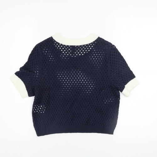 H&M Divided Women's Blue Crochet Knit Cropped Short Sleeve Top Size S