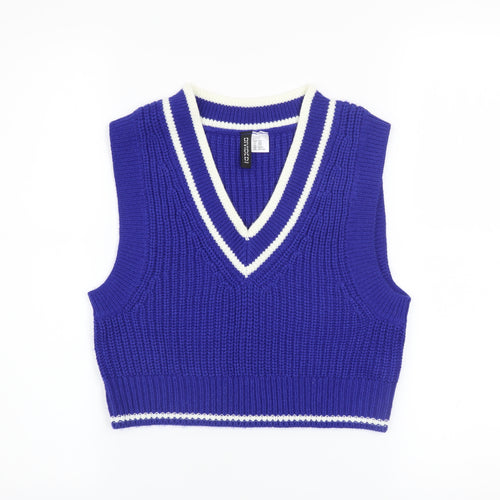 H&M Women's Blue V-Neck Sleeveless Knit Jumper Vest 2XS