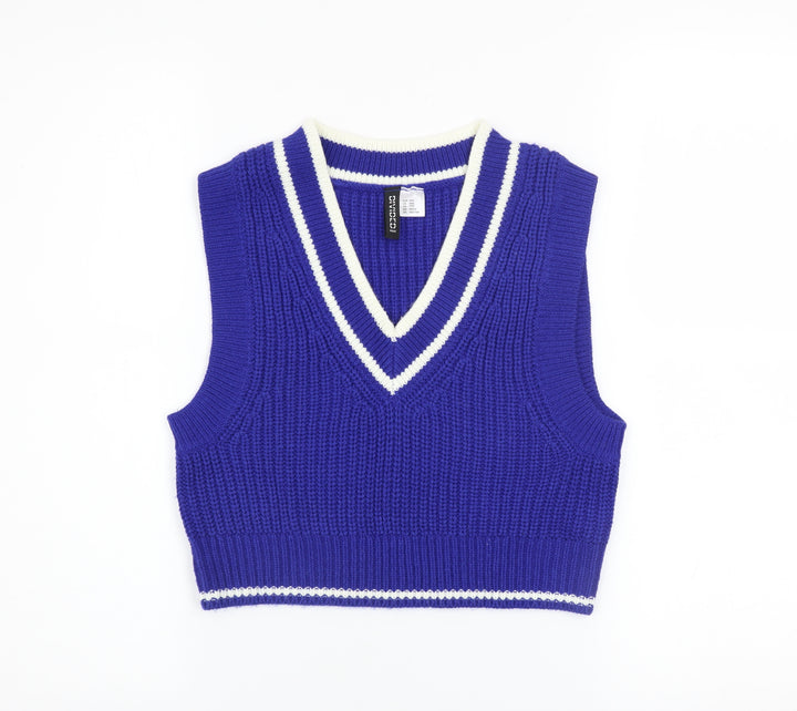 H&M Women's Blue V-Neck Sleeveless Knit Jumper Vest 2XS