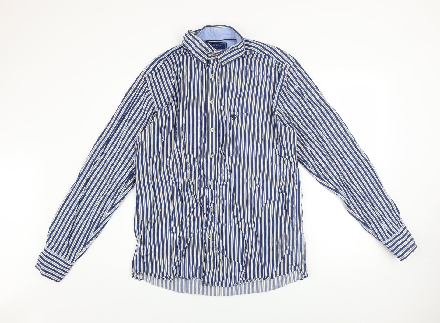 Marco Capelli Men's Blue Striped Cotton Button-Up Shirt Size L