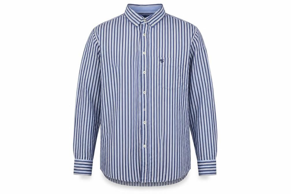 Front view of Marco Capelli Men's Blue Striped Cotton Button-Up Shirt, size L