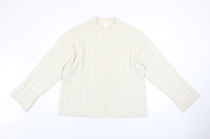 H&M Women Ivory Cable-Knit Wool Blend Mock Neck Jumper Size 8