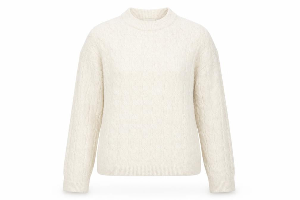 Front view of H&M Women Ivory Cable-Knit Wool Blend Mock Neck Jumper, size 8