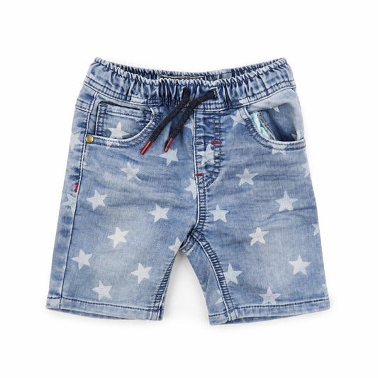 Next Boys Blue Star Print Denim Chino Shorts Size 2 Years Elastic Waist