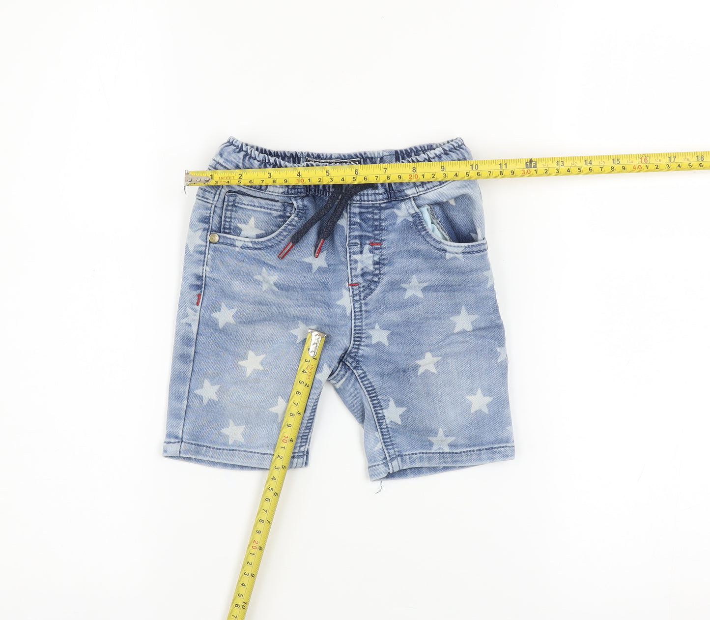 Next Boys Blue Star Print Denim Chino Shorts Size 2 Years Elastic Waist