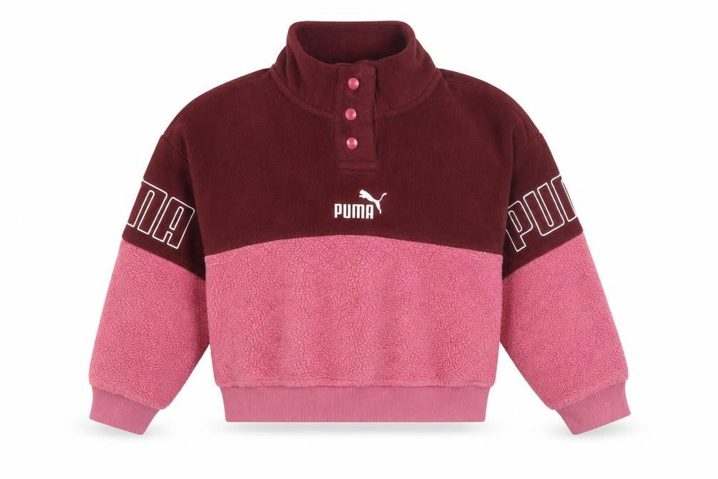 Front view of Puma girls’ pink colourblock fleece pullover sweatshirt 7-8 years