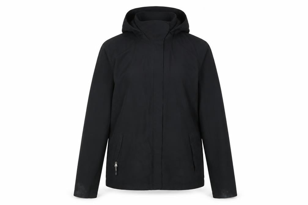 Front view of 32 Degrees Women Black Water Resistant Hooded Rain Jacket, size S
