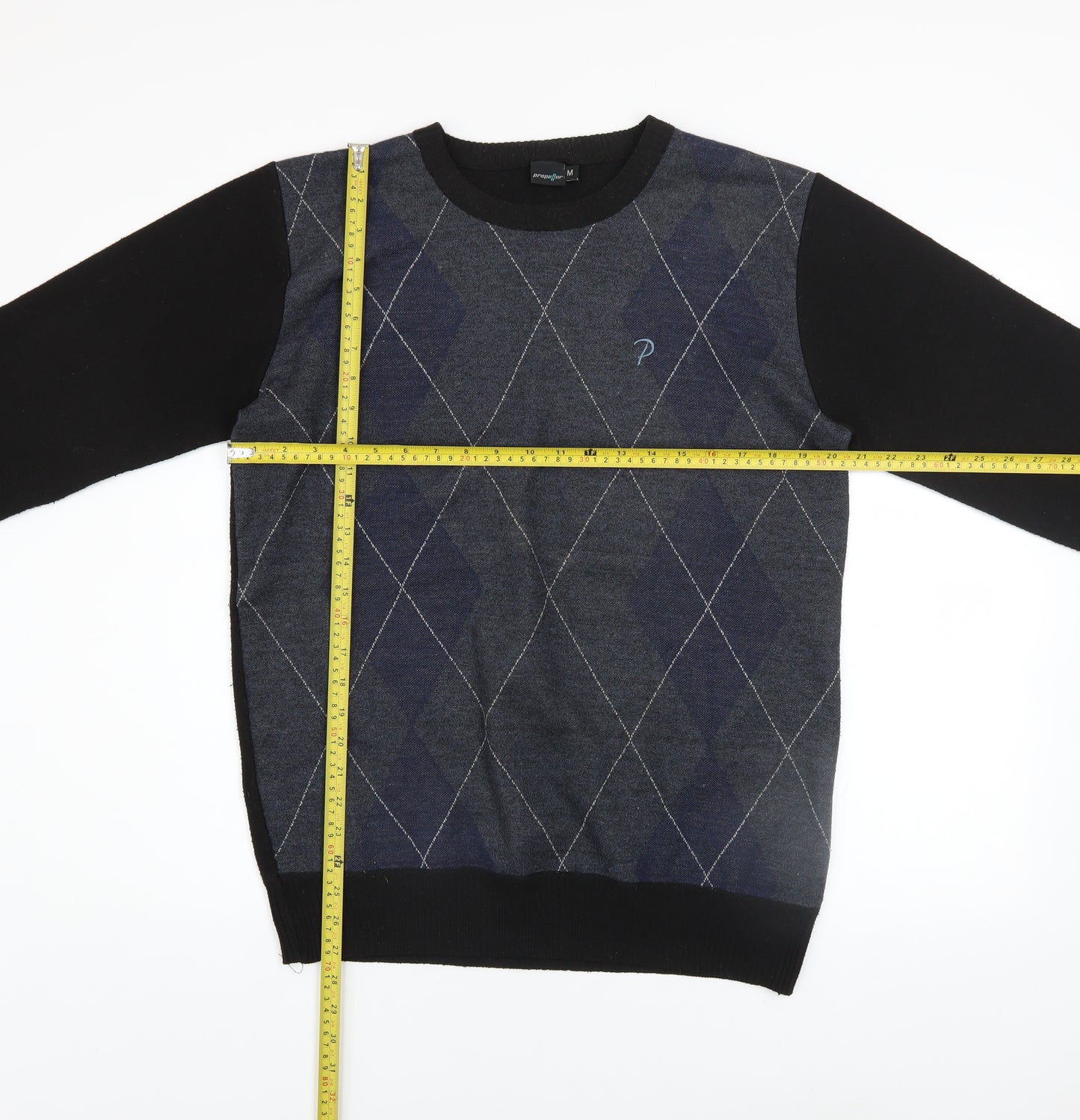 Propeller Men's Black Argyle Pullover Jumper Size M Crew Neck Knit