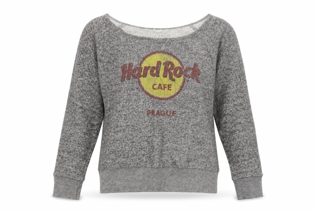 Front view of Hard Rock Cafe Women's Grey Small Pullover Sweatshirt Prague Logo