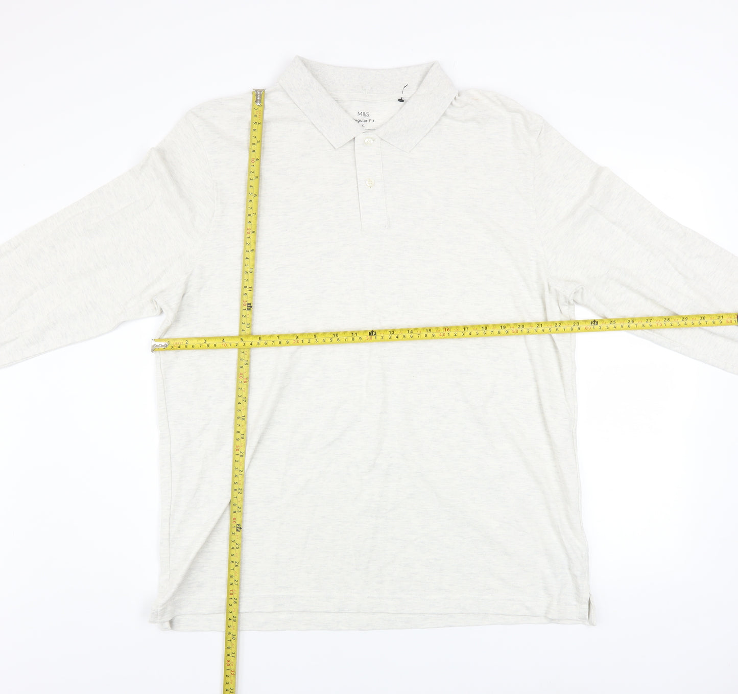Marks and Spencer Men’s Ivory Cotton Long Sleeve Polo Shirt XL Regular Fit
