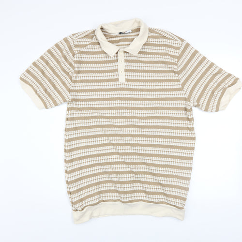 Paul Calvin Men's Beige Striped Polo Shirt XL Short Sleeve Knit