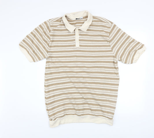 Paul Calvin Men's Beige Striped Polo Shirt XL Short Sleeve Knit