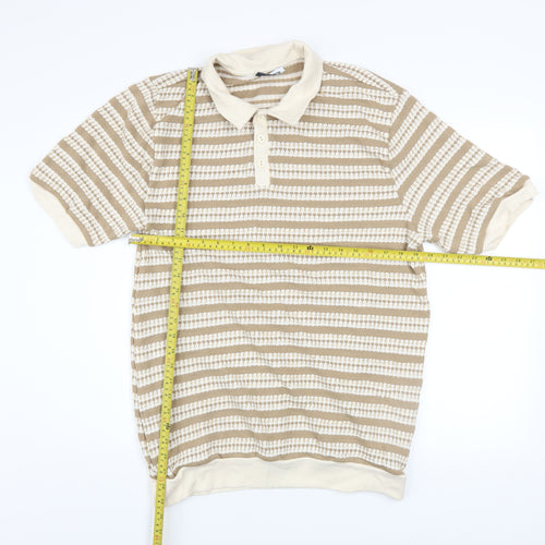 Paul Calvin Men's Beige Striped Polo Shirt XL Short Sleeve Knit