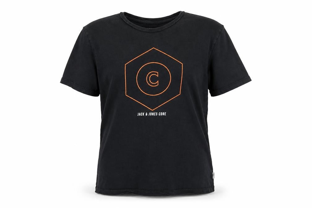 Front view of Jack & Jones Men's Black Core Graphic Print T-Shirt, size M