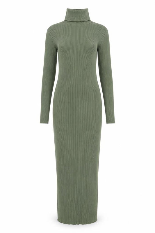 Front view of Missguided Women Green, size 8, Roll Neck Ribbed Bodycon Midi Dress