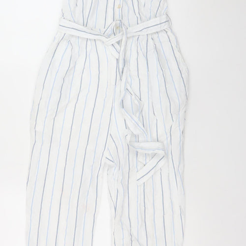 Great Plains Women White Blue Striped Belted Jumpsuit Size 8 Cotton