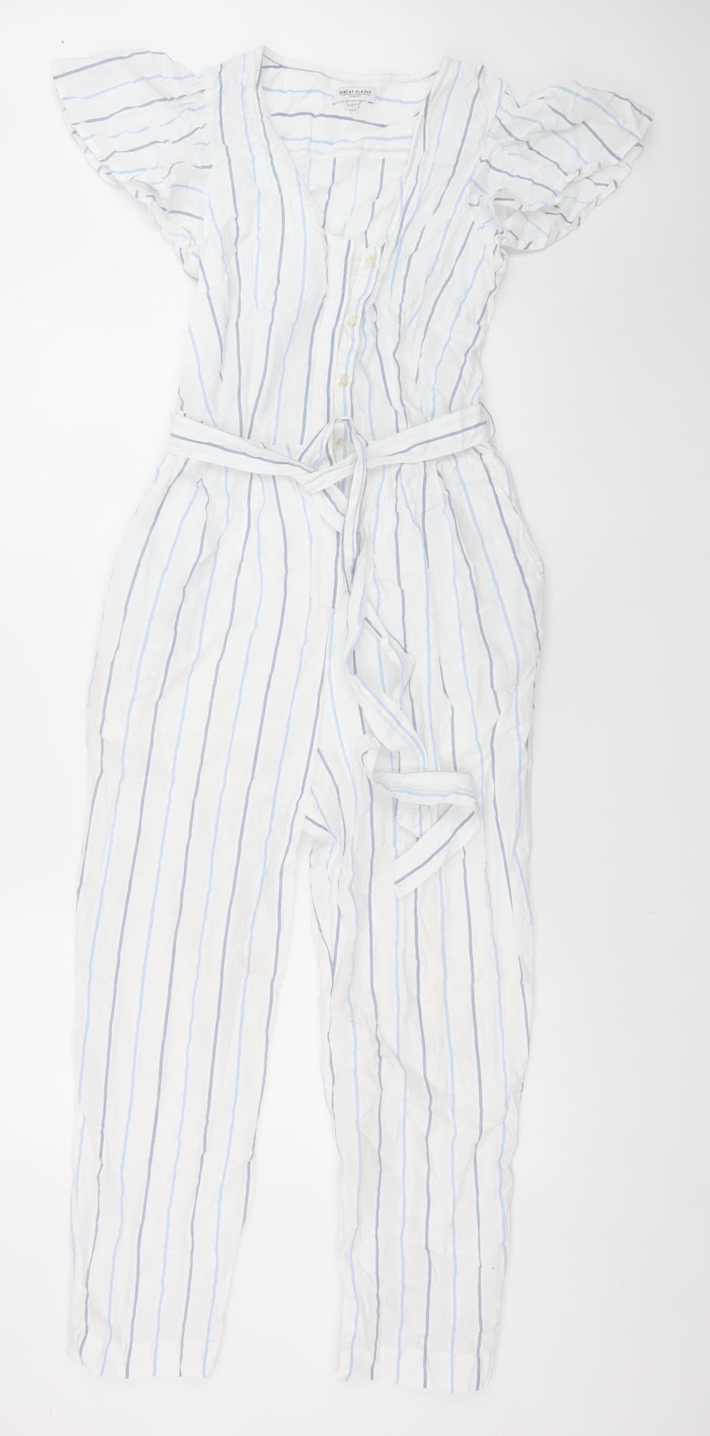 Great Plains Women White Blue Striped Belted Jumpsuit Size 8 Cotton