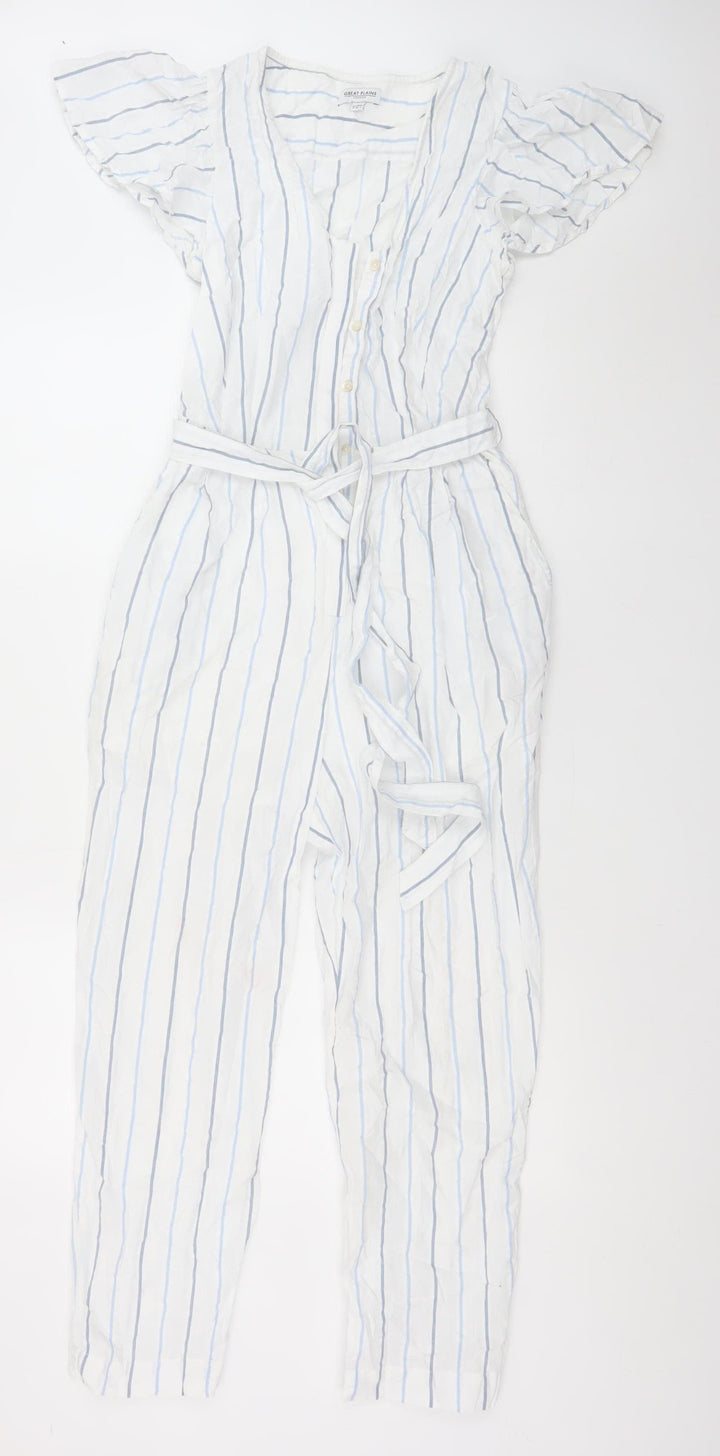 Great Plains Women White Blue Striped Belted Jumpsuit Size 8 Cotton