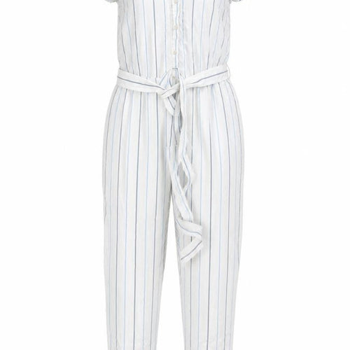 Great Plains Women White Blue Striped Belted Jumpsuit Size 8 Cotton