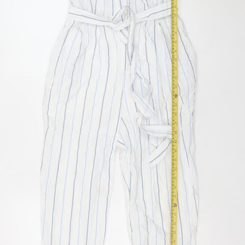 Great Plains Women White Blue Striped Belted Jumpsuit Size 8 Cotton
