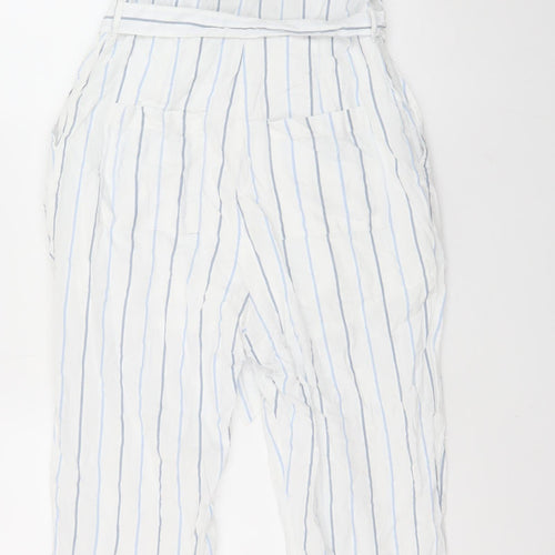 Great Plains Women White Blue Striped Belted Jumpsuit Size 8 Cotton