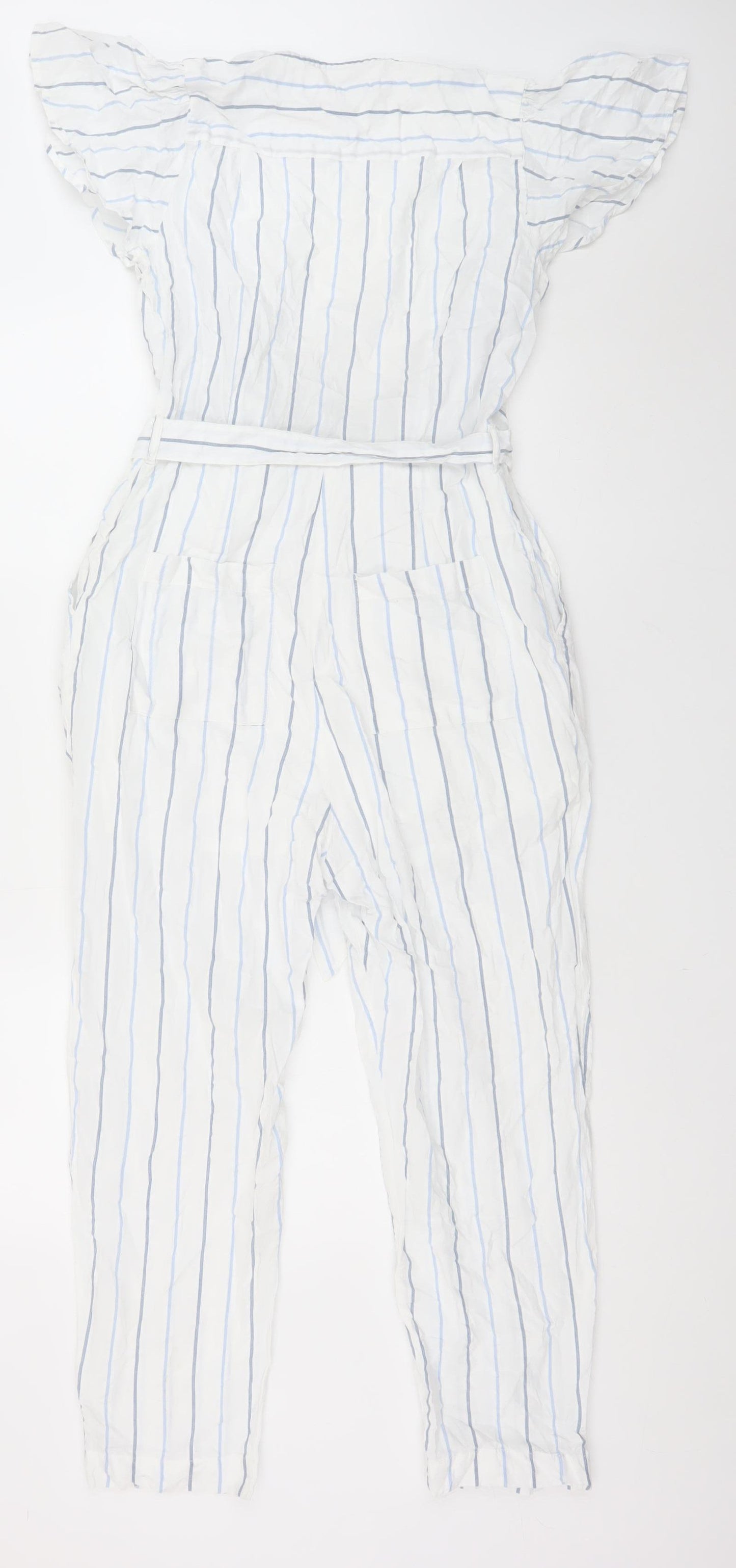 Great Plains Women White Blue Striped Belted Jumpsuit Size 8 Cotton
