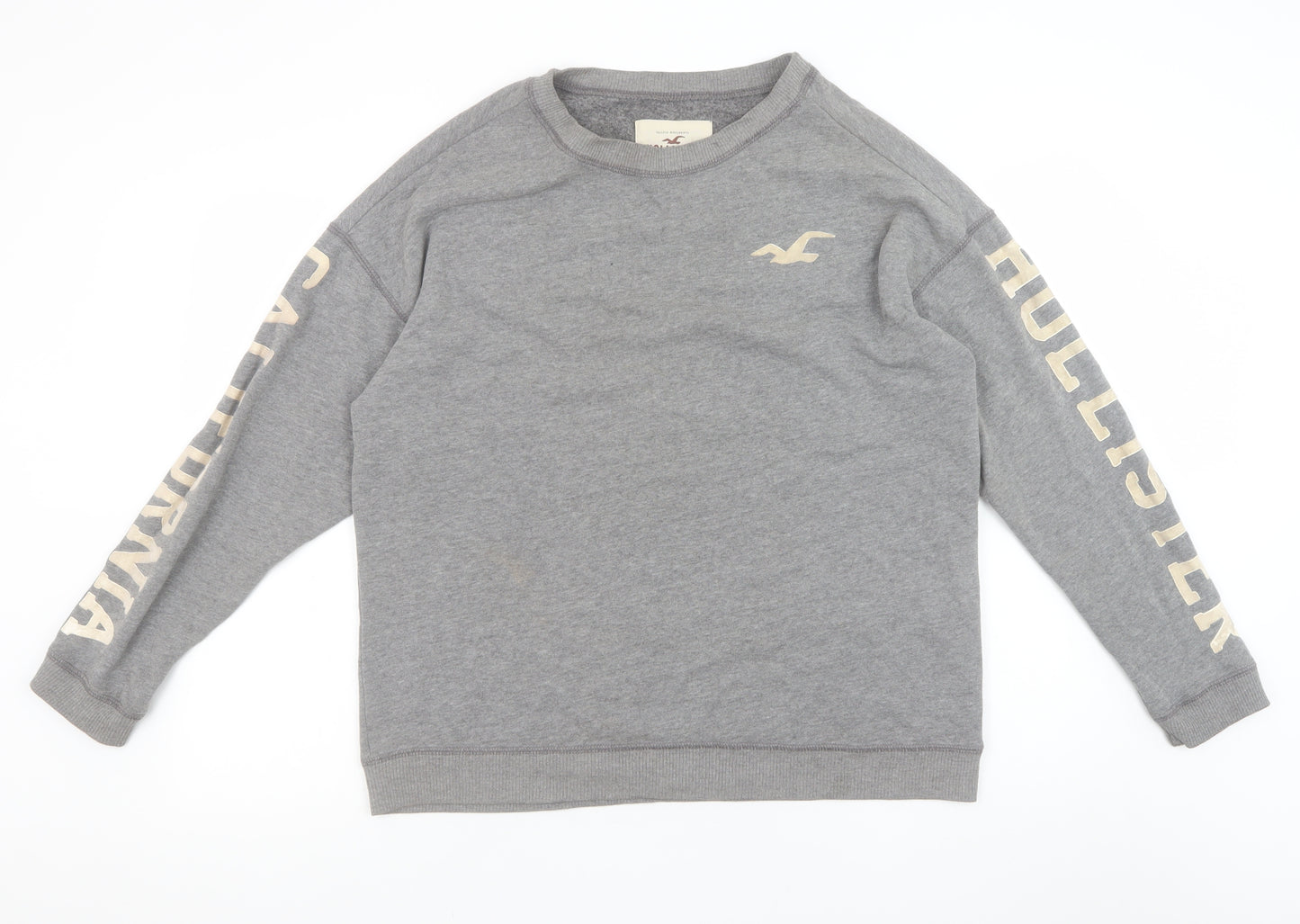 Hollister Men's Grey Pullover Sweatshirt Small Crew Neck Logo Print