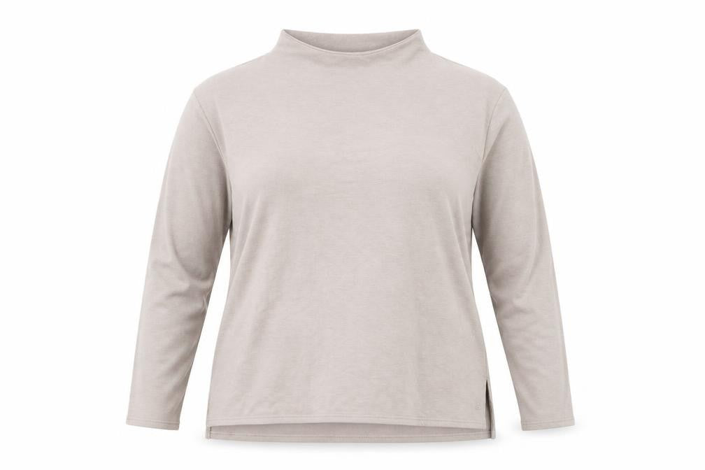 Front view of Free Fly women’s beige xl pullover sweatshirt lightweight relaxed fit