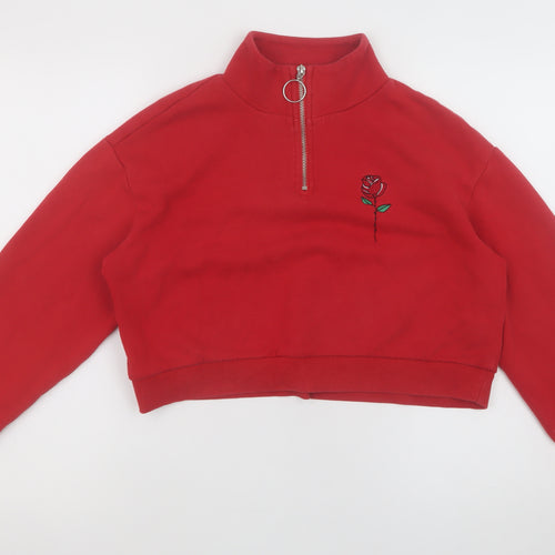 H&M Divided Women's Red Rose Embroidered 1/2 Zip Sweatshirt S
