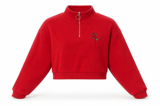 Front view of H&M Divided Women's Red Rose Embroidered 1/2 Zip Sweatshirt S