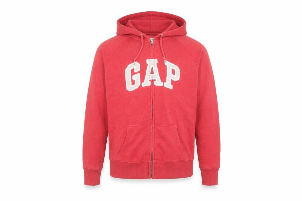 Front view of Gap Men's Red Hooded Full Zip Cotton Blend Jacket, size M