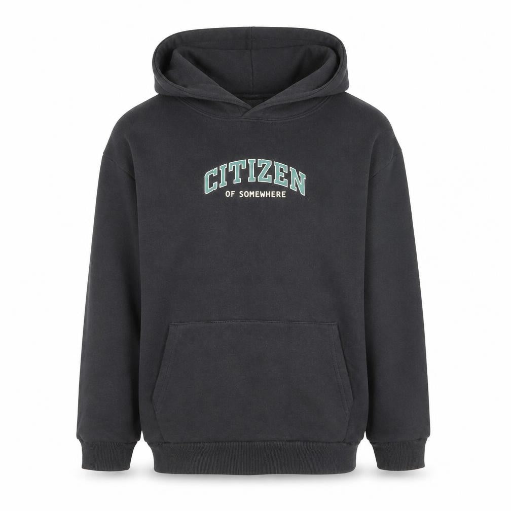 Front view of Marks & Spencer boys’ black pullover hoodie 9-10 years citizen graphic