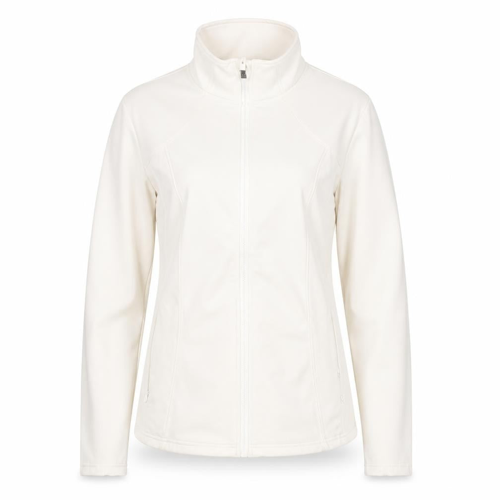 Front view of Dunnes women’s ivory softshell full zip active jacket, size UK 12