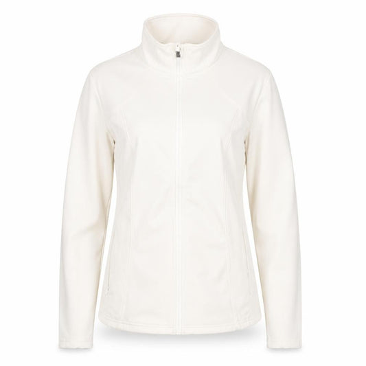 Front view of Dunnes women’s ivory softshell full zip active jacket, size UK 12