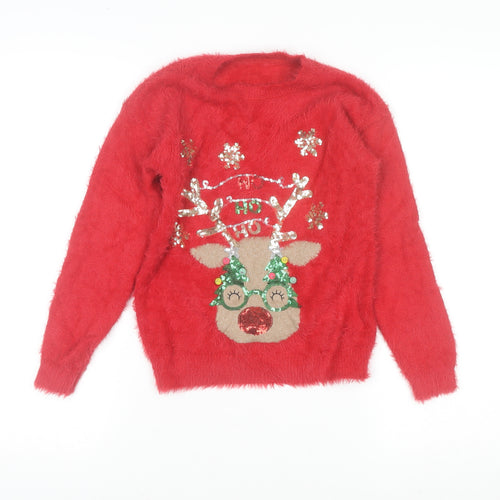 Dunnes Stores Girls Red Reindeer Sequin Christmas Jumper Age 8-9 Years