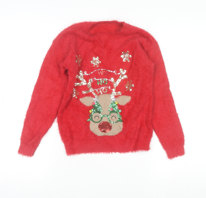 Dunnes Stores Girls Red Reindeer Sequin Christmas Jumper Age 8-9 Years