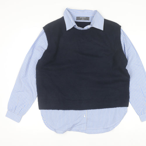 Primark Women Blue Striped Layered Collared Button-Up Shirt S