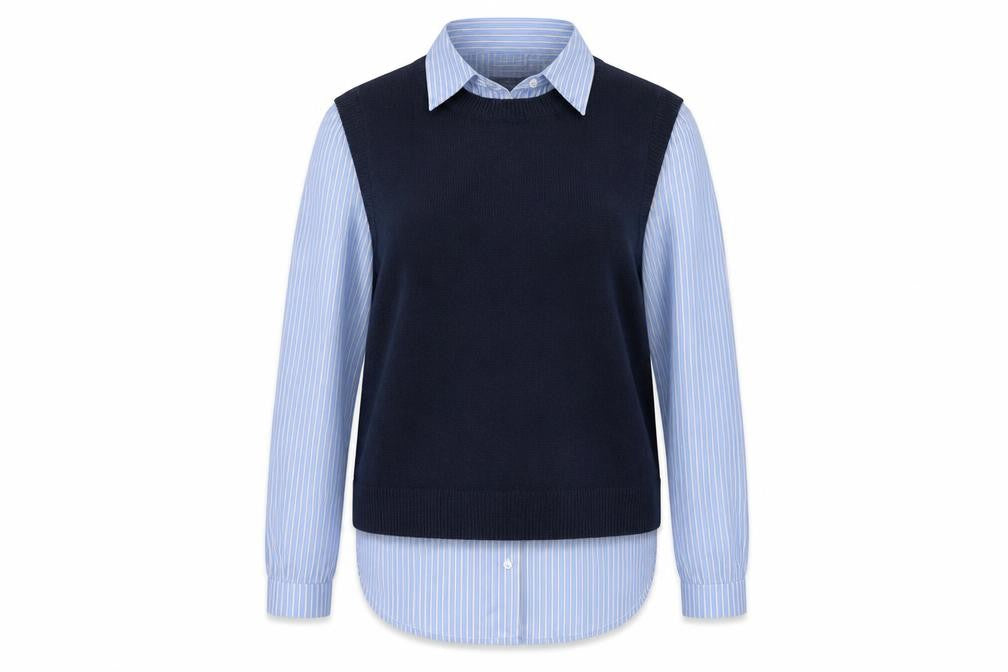 Front view of Primark Women Blue Striped Layered Collared Button-Up Shirt S