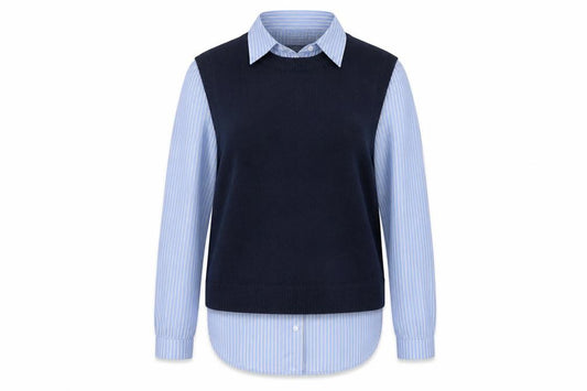 Front view of Primark Women Blue Striped Layered Collared Button-Up Shirt S
