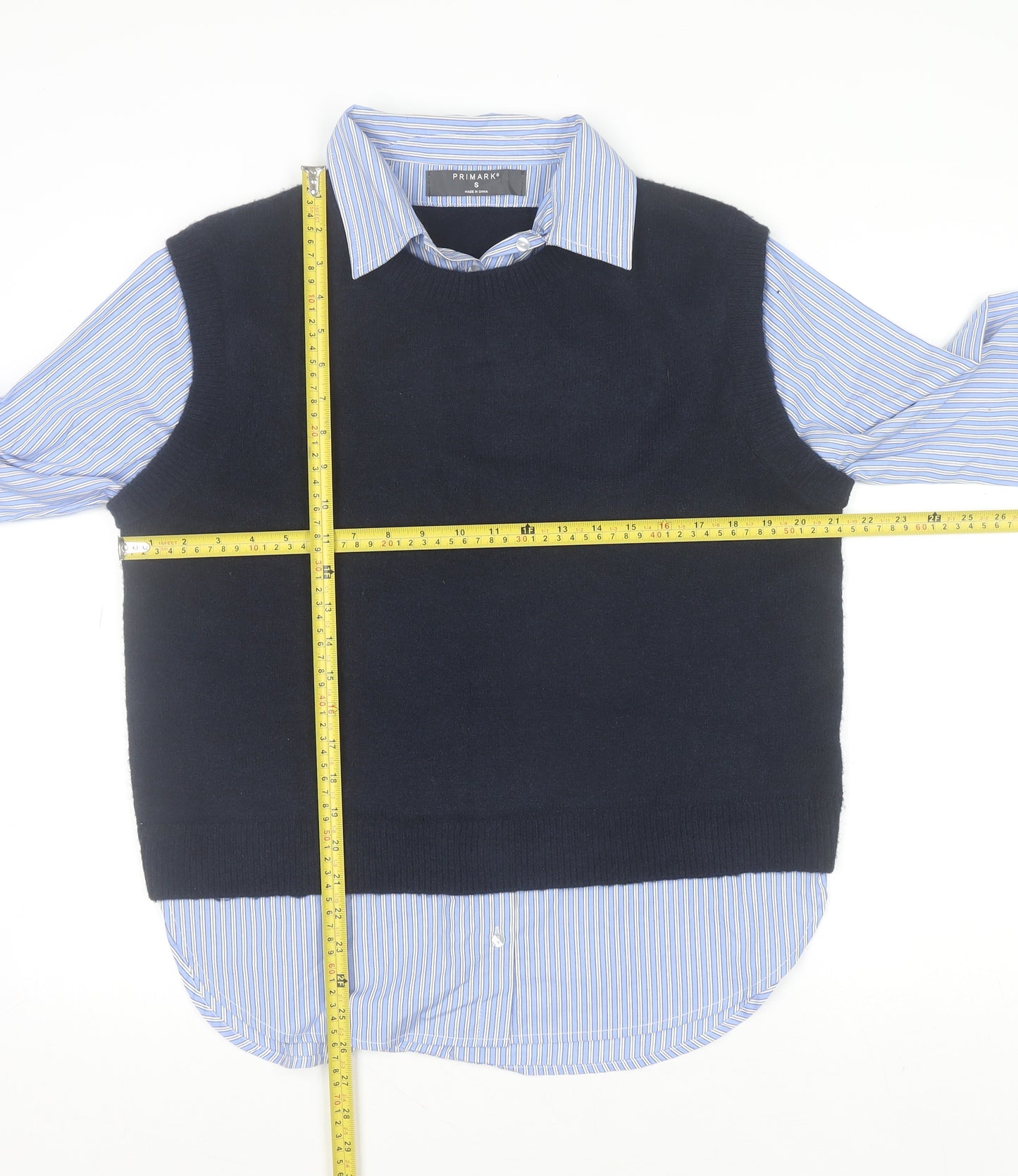 Primark Women Blue Striped Layered Collared Button-Up Shirt S