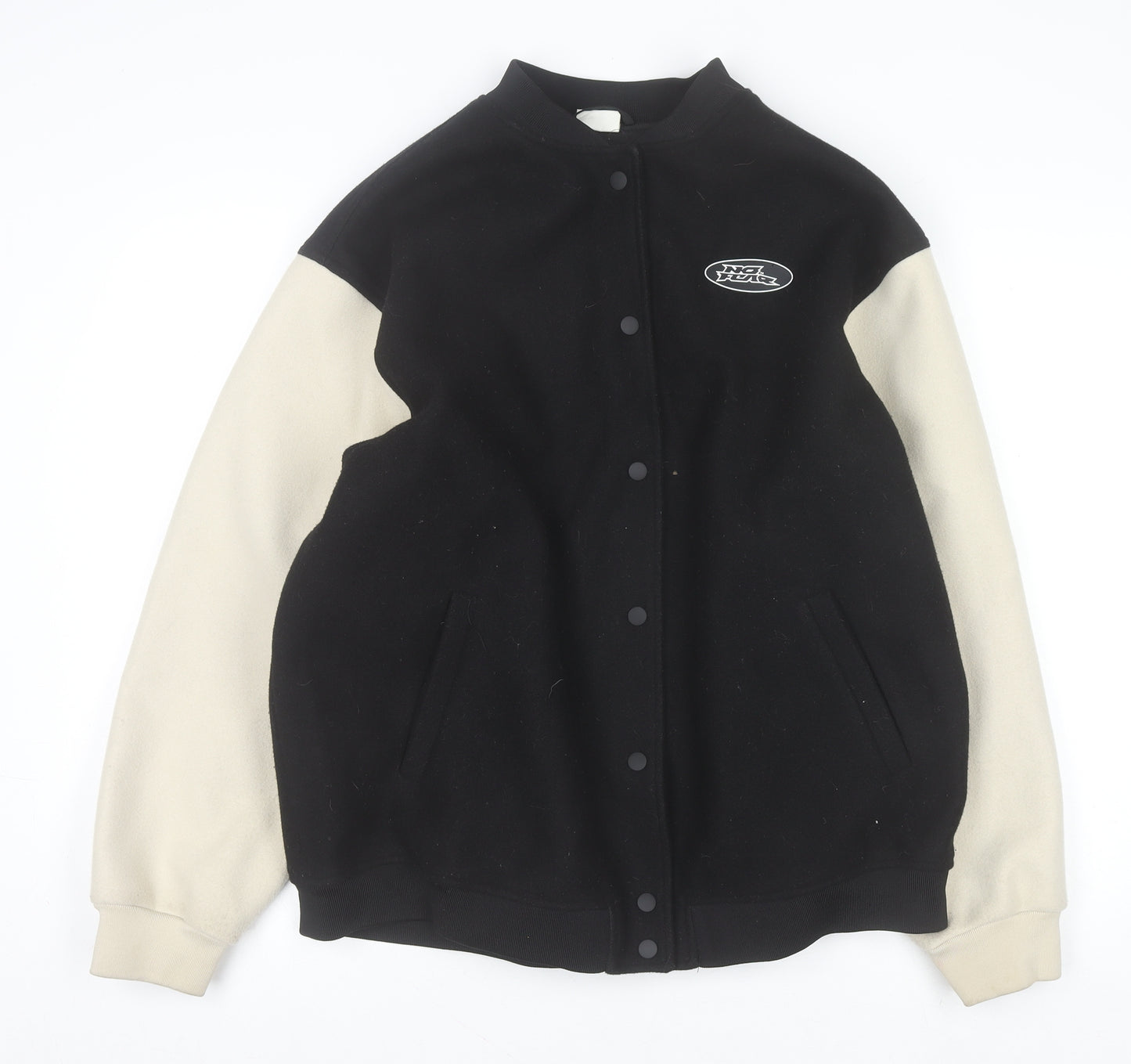 H&M x No Fear Mens Black Varsity Jacket L Collared Polyester Retro Style