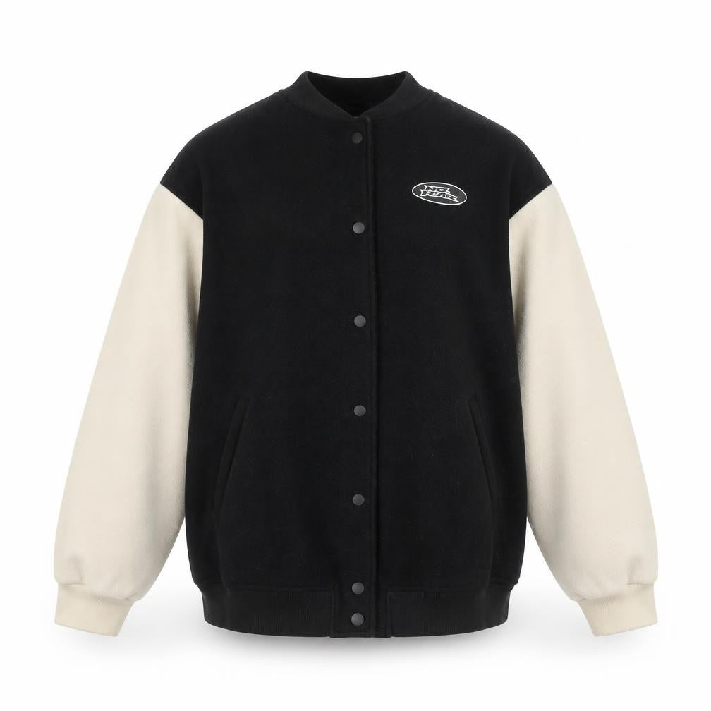 Front view of H&M x No Fear men’s black varsity jacket l collared polyester retro style