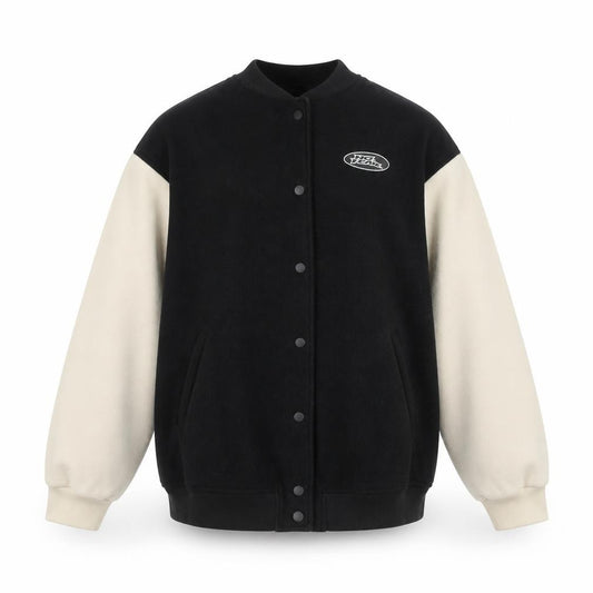 Front view of H&M x No Fear men’s black varsity jacket l collared polyester retro style