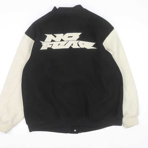 H&M x No Fear Mens Black Varsity Jacket L Collared Polyester Retro Style