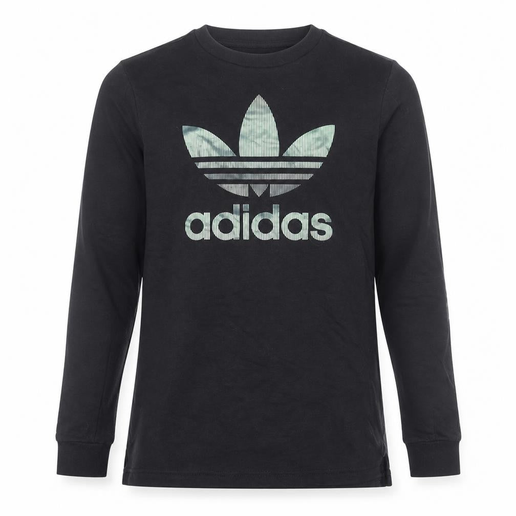 Front view of Adidas boys’ black crew neck logo pullover sweatshirt 13-14 years