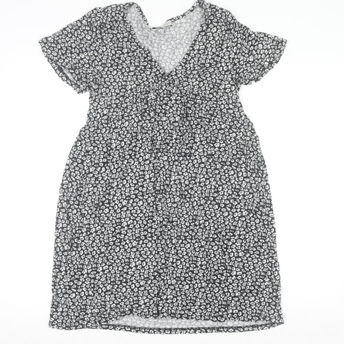 Pull&Bear Womens Black Floral V-Neck Fit & Flare Short Sleeve Dress Size 12