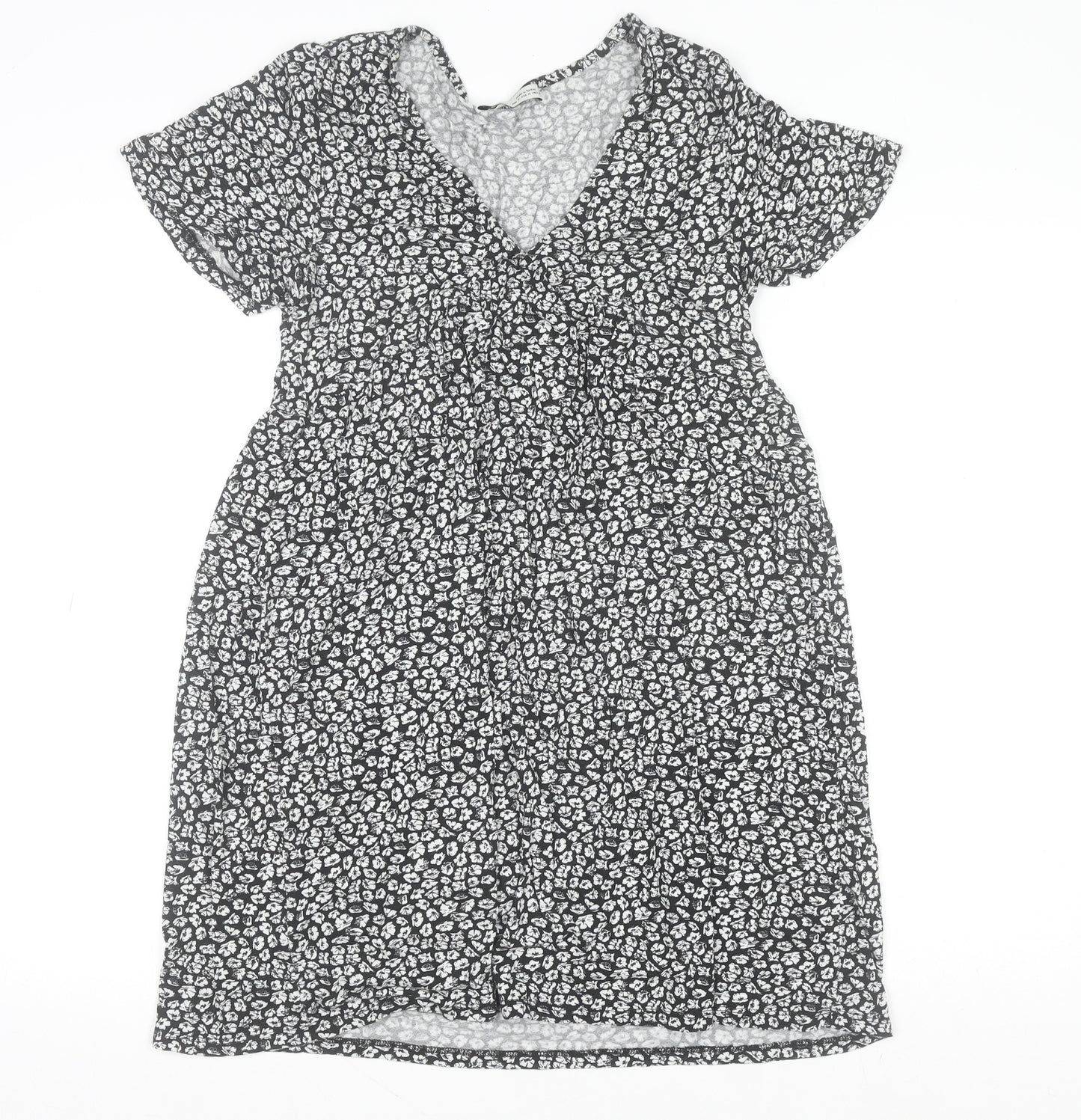 Pull&Bear Womens Black Floral V-Neck Fit & Flare Short Sleeve Dress Size 12