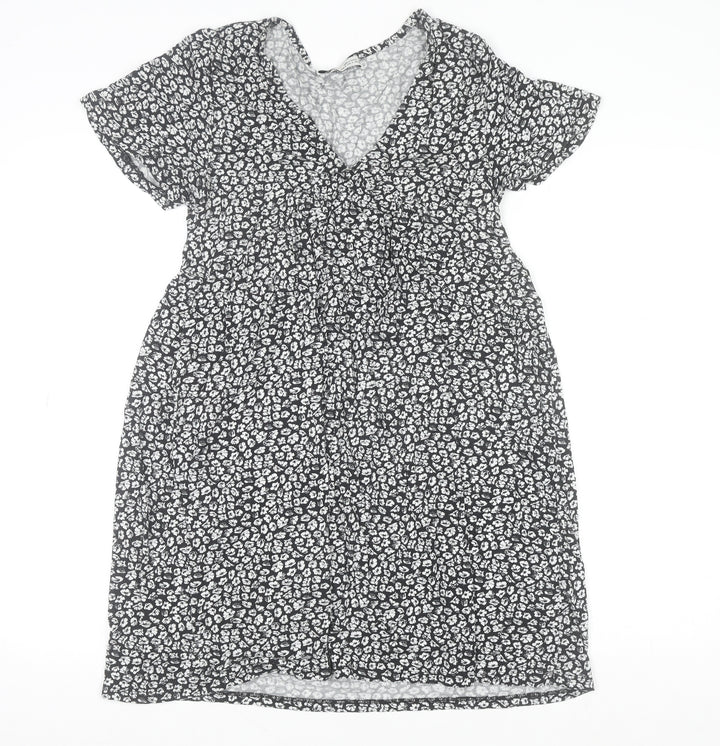 Pull&Bear Womens Black Floral V-Neck Fit & Flare Short Sleeve Dress Size 12